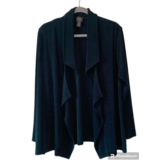 Chico’s Travelers Cardigan Womens 4/XXL Forest Green Open Cascading Slinky Knit - Picture 1 of 4